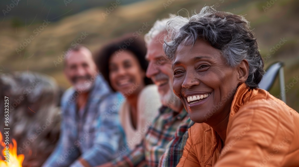 Middle-aged friends sit comfortably around a campfire, embracing the warmth and joy of a summer evening. Middle-aged friends sit comfortably around a campfire, embracing the warmth and joy of a summer evening.