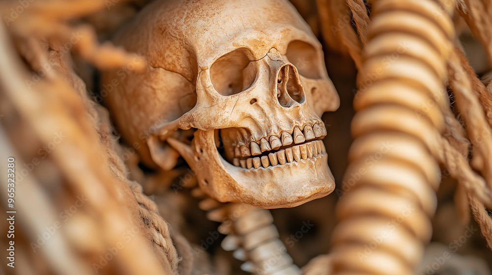 Close-up of a human skull a worn-out, weathered among what appears to be other objects or bones, creating a mysterious and eerie atmosphere with a Halloween theme. Close-up of a human skull a worn-out, weathered among what appears to be other objects or bones, creating a mysterious and eerie atmosphere with a Halloween theme.