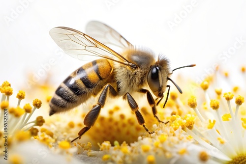 bee, isolated,flower pollen, stems, petals, Flower pollen and a bee on a white background with leading lines created by the stems and petals