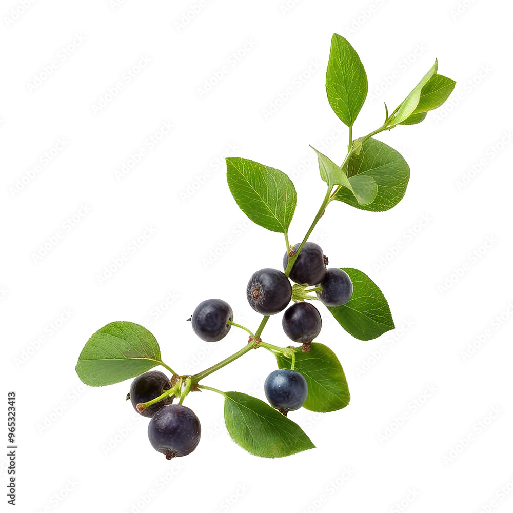 Fresh blueberries with green leaves on a branch isolated on transparent background, showcasing their vibrant color and natural appeal Fresh blueberries with green leaves on a branch isolated on transparent background, showcasing their vibrant color and natural appeal