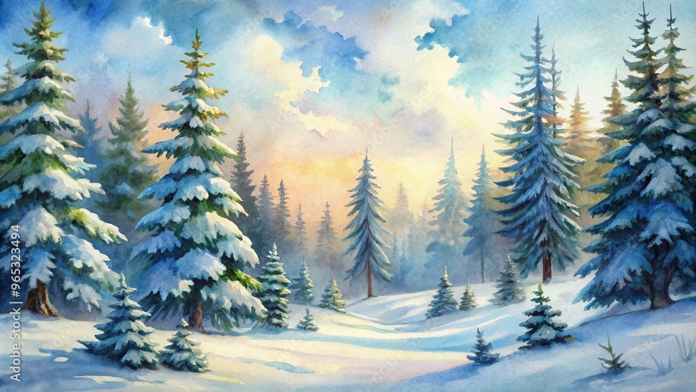 Naklejka premium A detailed winter watercolor landscape depicts a charming snow covered forest viewed from a tilted angle, covered, forest, watercolor, snow, tilted, angle, landscape