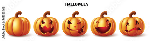 Halloween pumpkins set vector design. Halloween orange pumpkins with funny facial expressions isolated in white background for seasonal horror celebration. Vector illustration holiday season spooky 