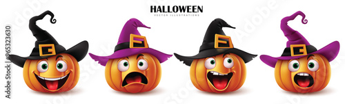 Halloween pumpkins vector set design. Halloween cartoon pumpkins in funny smiling faces wearing witch black and purple hat isolated in white background. Vector illustration spooky trick or treat party
