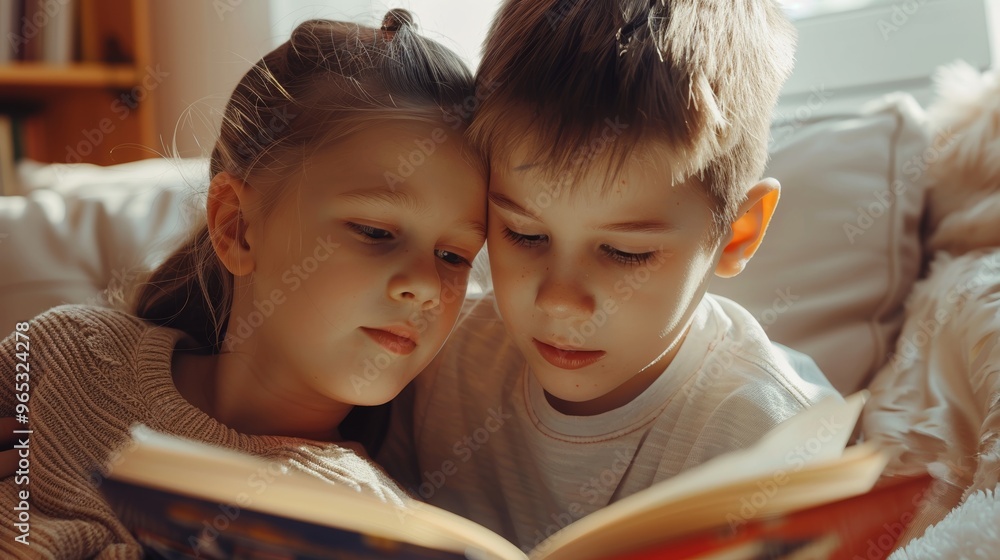 A sister lovingly guides her younger brother through the pages of a beloved book. A sister lovingly guides her younger brother through the pages of a beloved book.