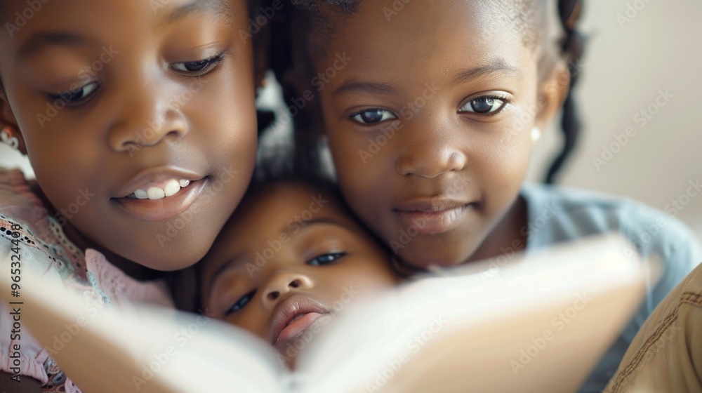 Two children are enjoying a special moment as they read a favorite story in their home. Two children are enjoying a special moment as they read a favorite story in their home.