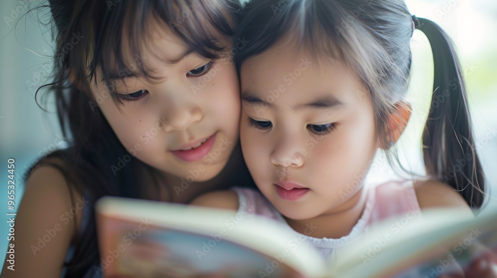 Two sisters are fully immersed in a world of imagination as they read a book side by side.