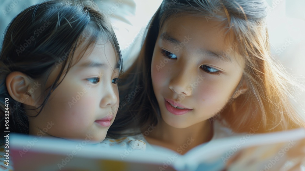 The older sister is guiding her little sister through the pages of an engaging story. The older sister is guiding her little sister through the pages of an engaging story.