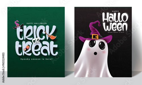 Halloween trick or treat poster set design. Halloween greeting text in green and black empty space spooky background with ghost character wearing witch hat invitation card collection. Vector 