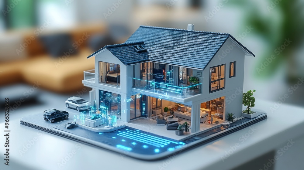 Smart home model showcasing innovative wearable biosensors and modern ...