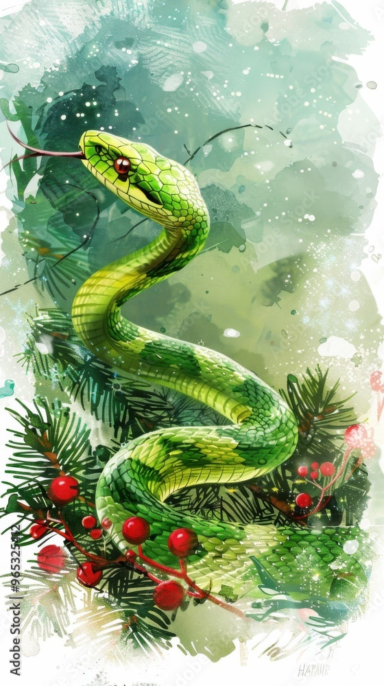 green snake on winter background. symbol of lunar year 2025. Marry Christmas and happy New Year. green snake on winter background. symbol of lunar year 2025. Marry Christmas and happy New Year.