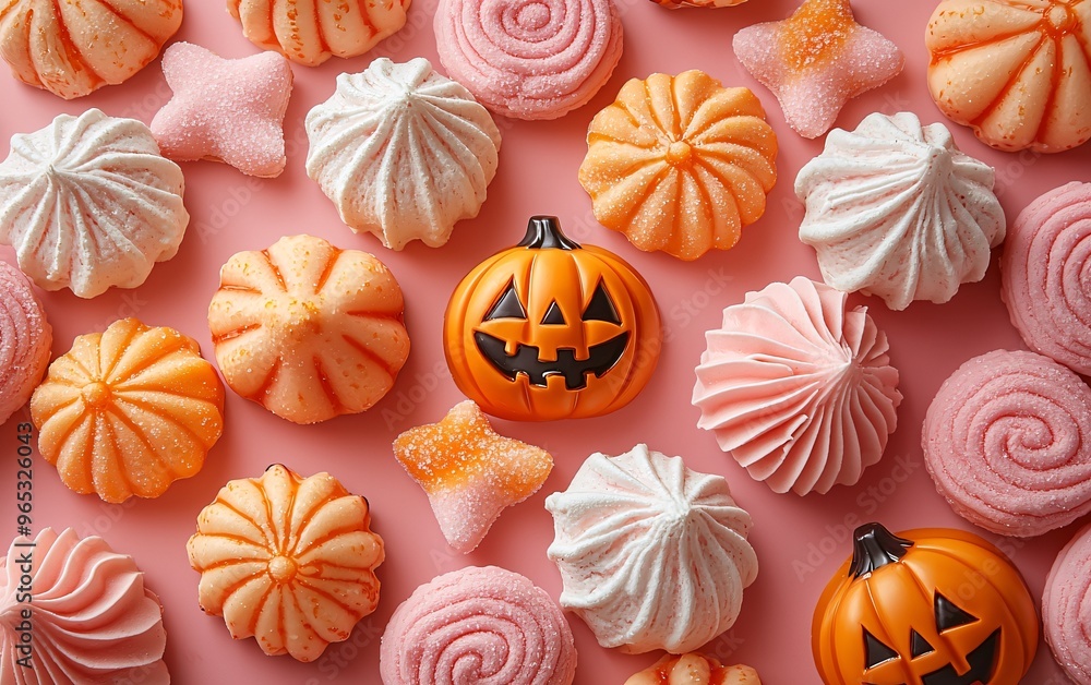 A delightful flat lay of Halloween-themed sweets featuring vibrant pumpkin-shaped candies and pastel pink confections. Perfect for Halloween parties and festivities, with copy space. A delightful flat lay of Halloween-themed sweets featuring vibrant pumpkin-shaped candies and pastel pink confections. Perfect for Halloween parties and festivities, with copy space.