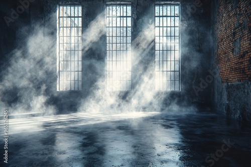 Wallpaper Mural Eerie industrial space with mist for Halloween-themed designs. Ideal for spooky event promotions, haunted house marketing, or Halloween party invitations with copy space. Torontodigital.ca
