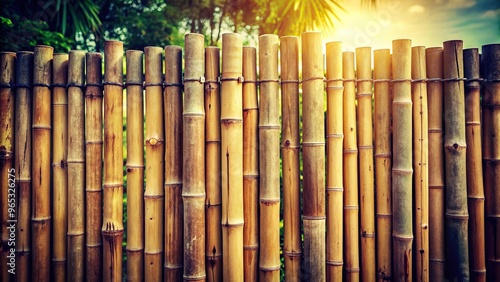 peaceful, texture, picture style, rustic, stock photo,bamboo fence, garden, outdoors, A vintage style low angle photograph of a bamboo fence setting with a captivating background