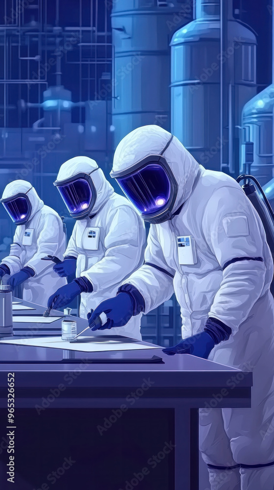 Three people in white suits are working on a table. Scene is serious and focused Three people in white suits are working on a table. Scene is serious and focused