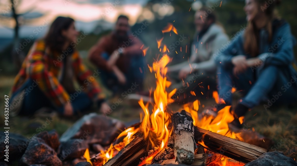 Young friends relax by a campfire, savoring the warmth and camaraderie of a summer evening. Young friends relax by a campfire, savoring the warmth and camaraderie of a summer evening.