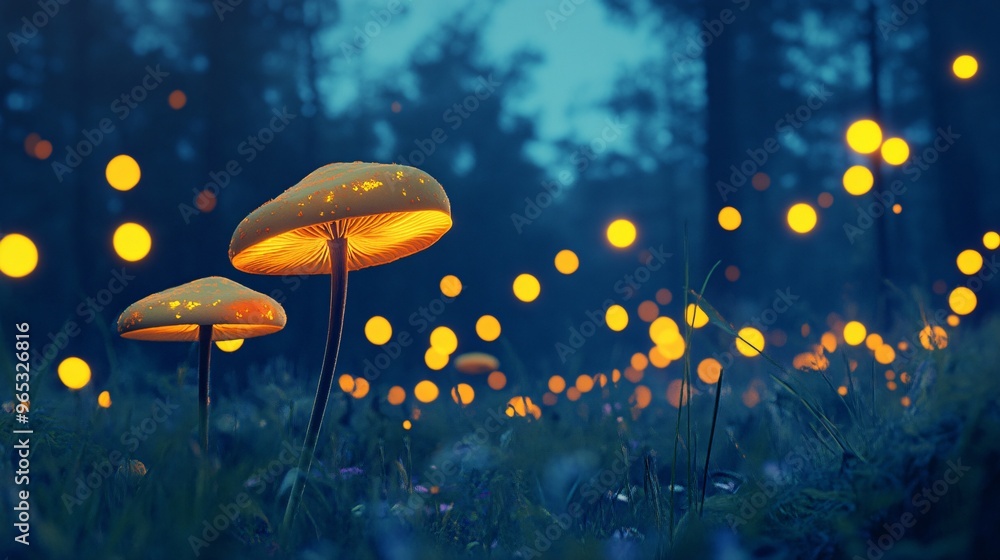 Magical yellow mushrooms glow softly in a serene forest at twilight. Magical yellow mushrooms glow softly in a serene forest at twilight.