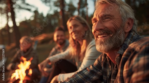 A lively group of friends is enjoying an autumn night by the fire, surrounded by nature.