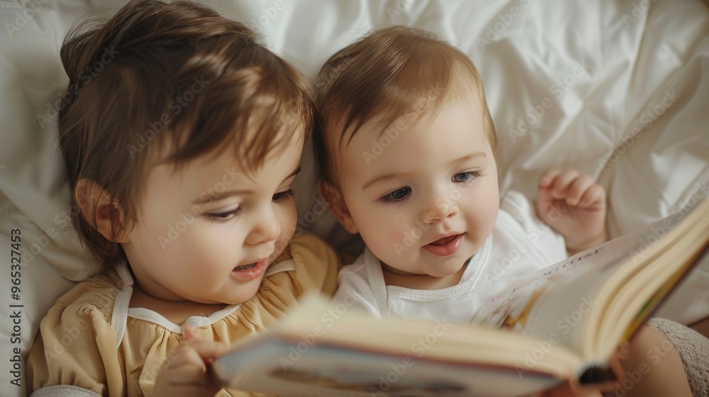 The sister reads aloud to her younger brother as they explore the pages of a colorful book. The sister reads aloud to her younger brother as they explore the pages of a colorful book.