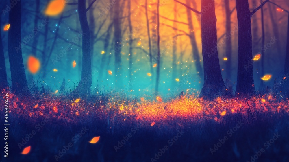 Fototapeta premium A magical forest at dusk, with vibrant colors and floating leaves creating an enchanting atmosphere.