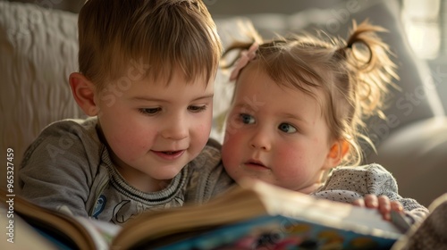 A young brother and sister are captivated by a book as they sit closely on the sofa.