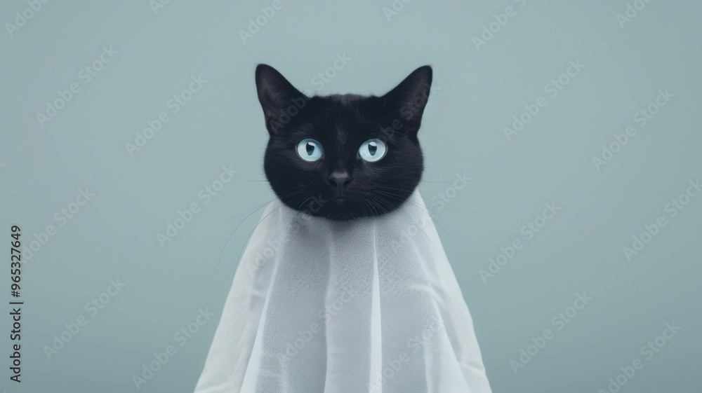 Obraz premium A black cat with striking light blue eyes draped in white fabric, resembling a ghost, against a teal background.