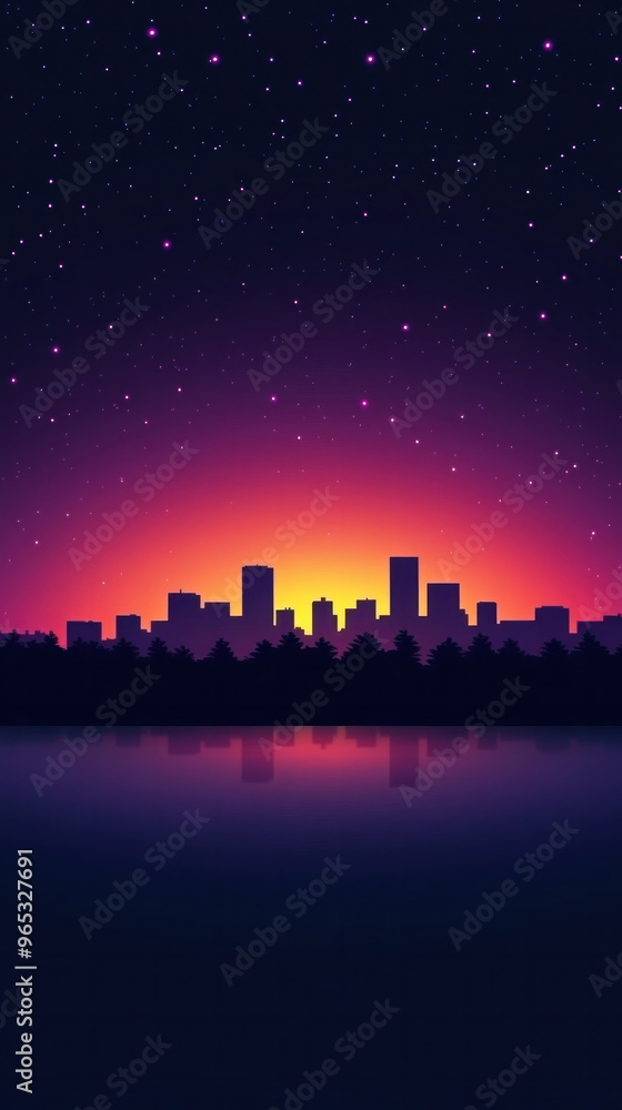 A city skyline is reflected in the water at sunset. The sky is a deep purple and the city is lit up with lights A city skyline is reflected in the water at sunset. The sky is a deep purple and the city is lit up with lights