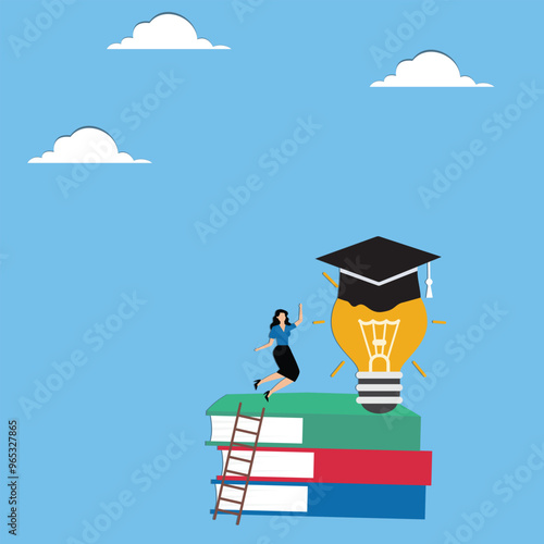 Woman stands near light bulb in academic hat