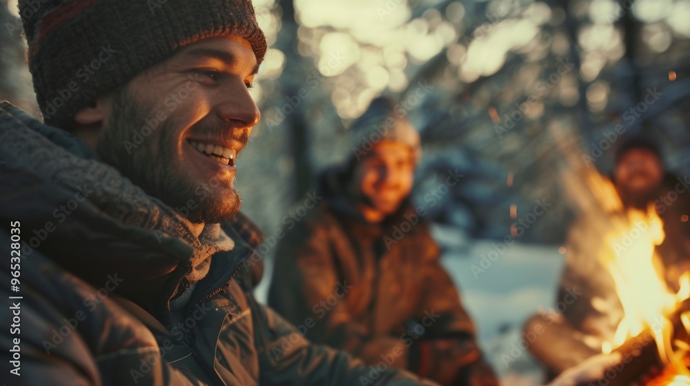 Fototapeta premium Friends are illuminated by the campfire's glow as they relax in a winter wonderland.