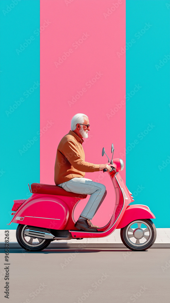 Senior man cruising on a retro scooter against vibrant wall Senior man cruising on a retro scooter against vibrant wall