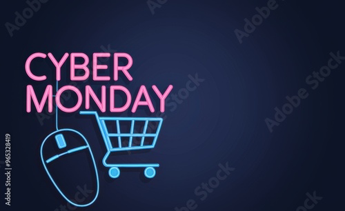 Cyber Monday Neon Sign Shopping Cart and Mouse on Dark Background