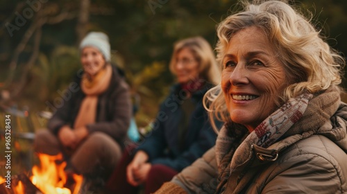 Middle-aged friends gather around a crackling campfire, enjoying the serene beauty of autumn nightfall.