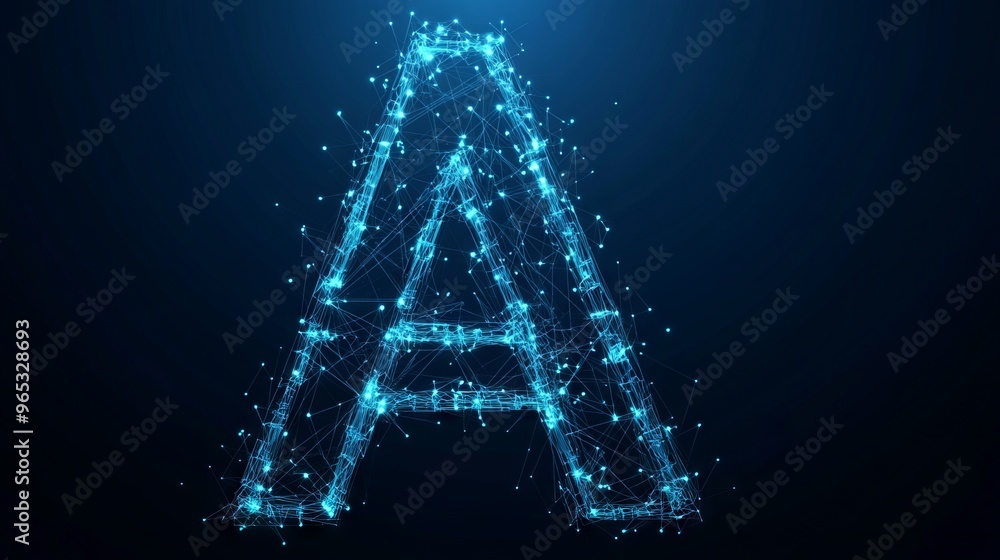 Abstract polygonal letter A consists of polygons, lines, and connected glowing dots. 3D wireframe vector illustration. Technology low poly alphabet concept. Blue on dark blue background Abstract polygonal letter A consists of polygons, lines, and connected glowing dots. 3D wireframe vector illustration. Technology low poly alphabet concept. Blue on dark blue background