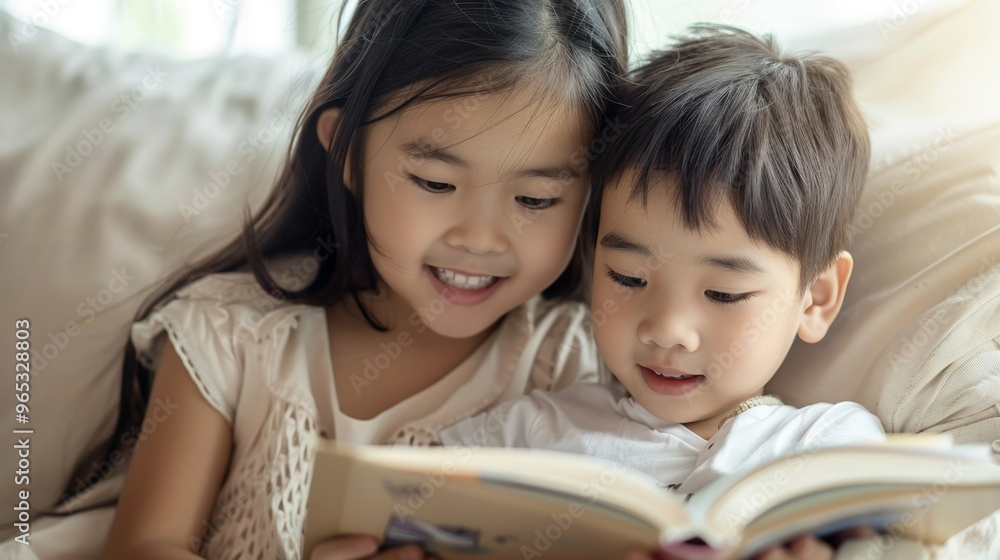 A sister and her brother are deeply focused on the pages of an engaging children's story. A sister and her brother are deeply focused on the pages of an engaging children's story.