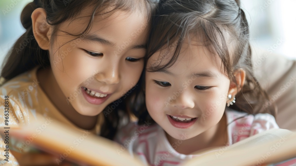 Sisters are spending quality time together, discovering new tales in their storybook. Sisters are spending quality time together, discovering new tales in their storybook.