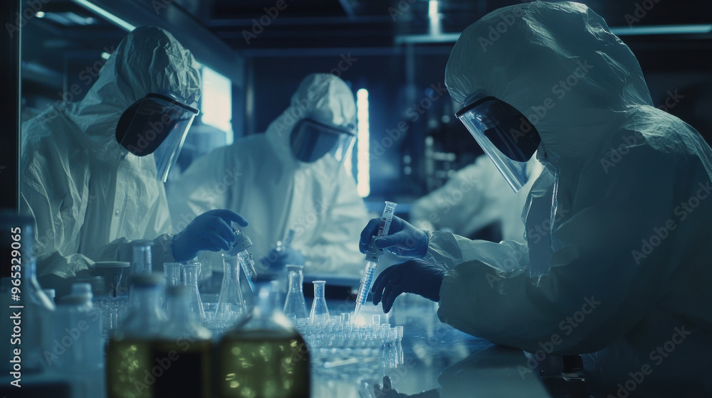 In high tech laboratory, team of scientists in protective gear conducts experiments with precision and focus, showcasing their dedication to research and safety In high tech laboratory, team of scientists in protective gear conducts experiments with precision and focus, showcasing their dedication to research and safety