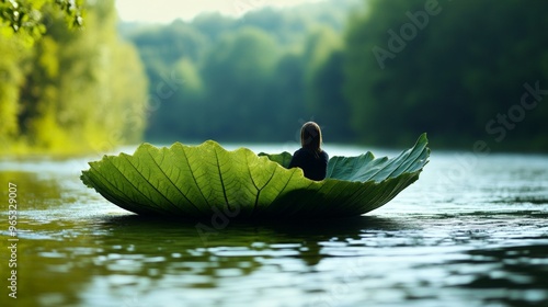 A person sitting in a boat made of a giant leaf, navigating through a river of sustainability challenges