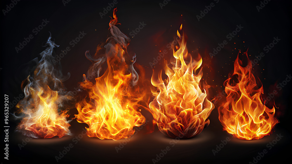 Set of Difference of Fire and burning flame isolated on dark background Set of Difference of Fire and burning flame isolated on dark background