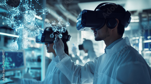 Researchers in lab coats are using virtual reality technology to manipulate molecular structures in high tech laboratory setting. Their focus and engagement highlight innovative intersection of biotec photo