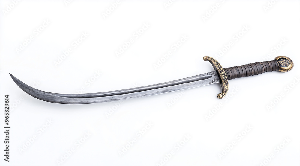 Obraz premium High quality photo of a pirates curved cutlass sword on a white background. Historical events isolated on white. Photo realistic photo. 