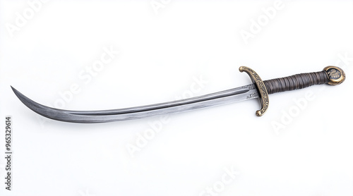 High quality photo of a pirates curved cutlass sword on a white background. Historical events isolated on white. Photo realistic photo. 