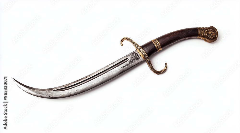 Obraz premium High quality photo of a pirates curved cutlass sword on a white background. Historical events isolated on white. Photo realistic photo. 