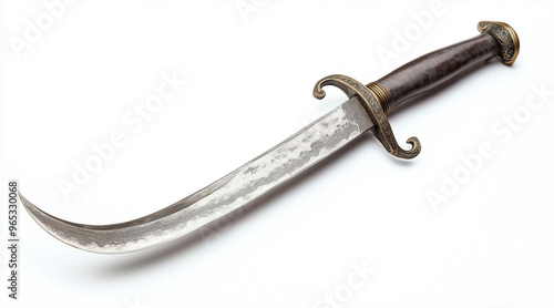 High quality photo of a pirates curved cutlass sword on a white background. Historical events isolated on white. Photo realistic photo. 