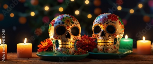 Day of the Dead Remembrance: A pair of intricately decorated sugar skulls, adorned with vibrant floral patterns, illuminated by the warm glow of candlelight against a backdrop of twinkling lights. 