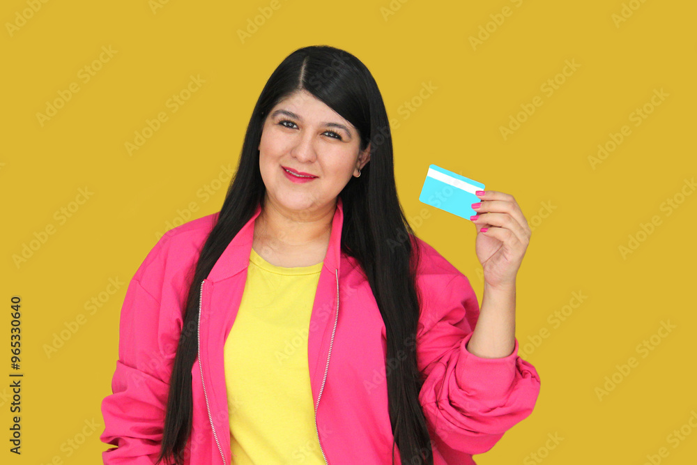 30 year old Latina woman excitedly shows credit card ready to buy with discounts and promotions 30 year old Latina woman excitedly shows credit card ready to buy with discounts and promotions