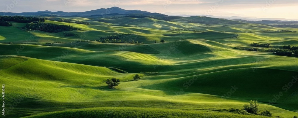 Rolling hills covered in a patchwork of vibrant green farmland, depicted in watercolor style. Rolling hills covered in a patchwork of vibrant green farmland, depicted in watercolor style.