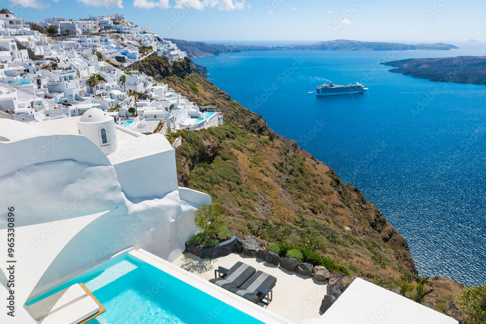 White architecture in Santorini island, Greece. Beautiful sea view in sunny day.