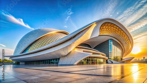 colorful, impressive, low angle shot, A low angle shot of the stunning Harbin Grand Theatre or Harbin Opera House highlighting its impressive modern architecture and grandeur photo