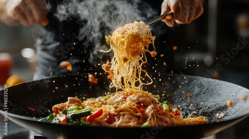Asian wok noodles in a frozen motion with vegetables and prans. The idea of preparing meat.