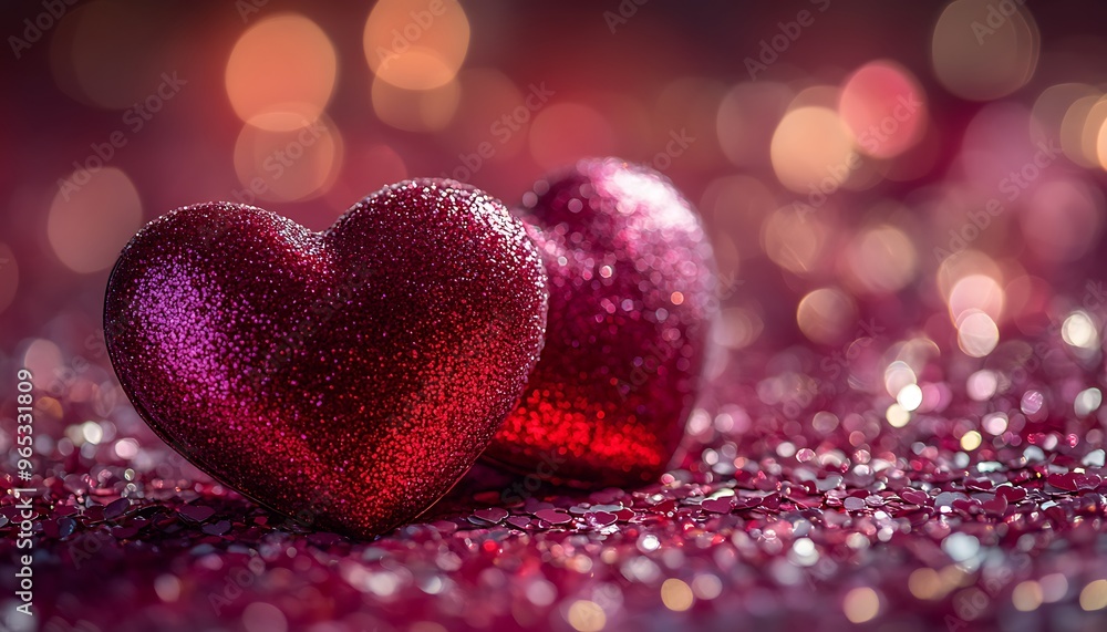 Two red glitter hearts on a sparkly pink background with bokeh lights. Two red glitter hearts on a sparkly pink background with bokeh lights.