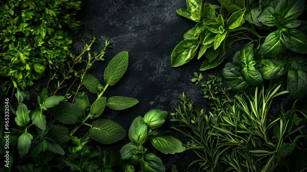 Assortment of Fresh Green Herbs on a Black Background Assortment of Fresh Green Herbs on a Black Background